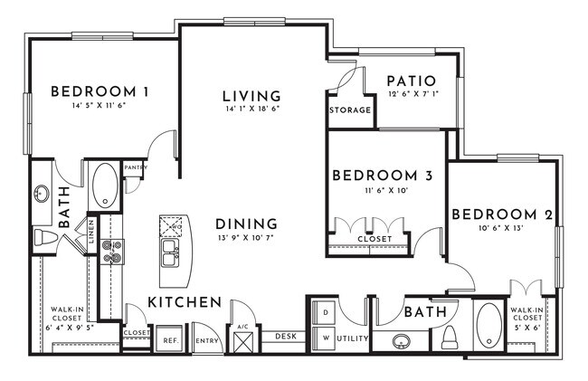 3 Beds • 2 Bath 10-301 floor plan